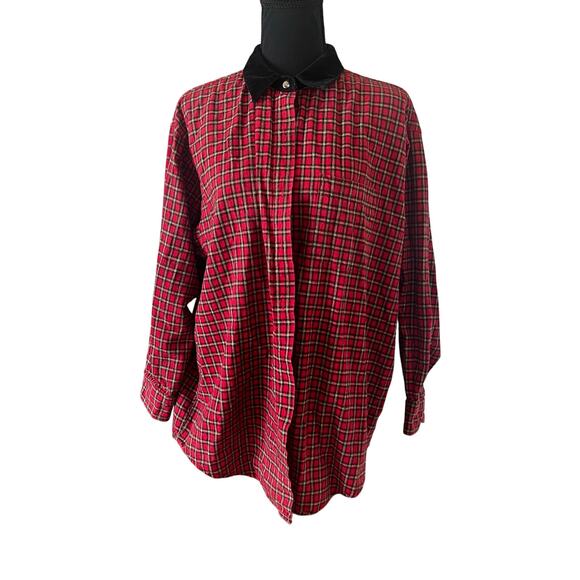 Basic Edition Women’s Vintage Plaid Velvet Button Up Top Red Black Size XL - Picture 1 of 8